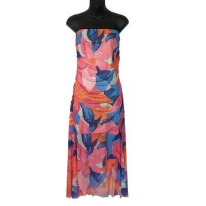 Tropical Floral Ruched Mesh Maxi Strapless Dress Women L Pink Coastal Beach NWT